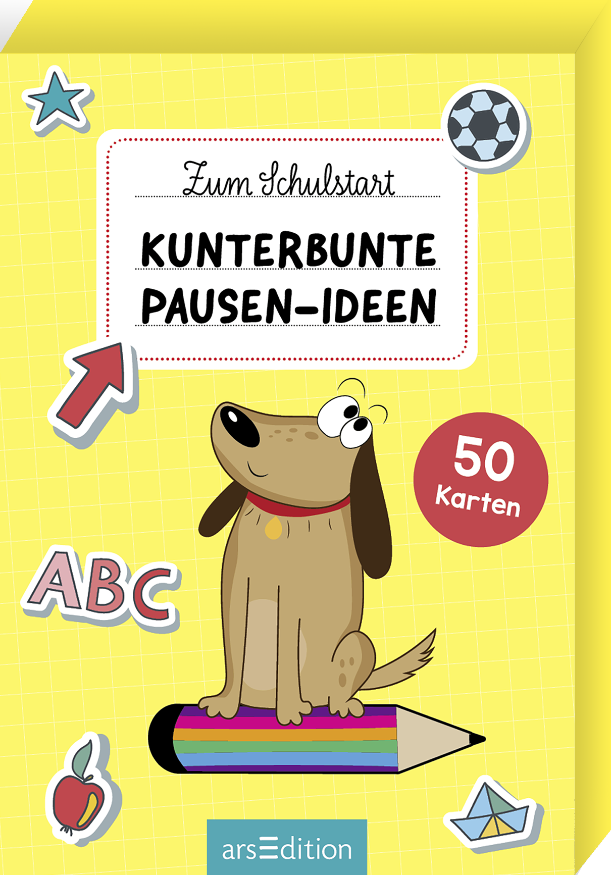 Auf dem Buchcover „Kunterbunte Pausen-Ideen“ für den Schulstart ist ein fröhlicher Hund in der Mitte abgebildet, der auf einem bunten Bleistift sitzt. Der Hintergrund ist in leuchtendem Gelb gehalten und mit verspielten Illustrationen wie einem Fußball, einem Pfeil und Buchstaben dekoriert. Die Titeltypografie ist handschriftlich und freundlich gestaltet. In der oberen rechten Ecke ist ein roter Kreis mit dem Text „50 Karten“ zu sehen. Ganz unten mittig steht der Logoschriftzug von...