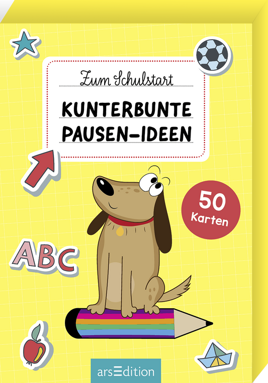 Auf dem Buchcover „Kunterbunte Pausen-Ideen“ für den Schulstart ist ein fröhlicher Hund in der Mitte abgebildet, der auf einem bunten Bleistift sitzt. Der Hintergrund ist in leuchtendem Gelb gehalten und mit verspielten Illustrationen wie einem Fußball, einem Pfeil und Buchstaben dekoriert. Die Titeltypografie ist handschriftlich und freundlich gestaltet. In der oberen rechten Ecke ist ein roter Kreis mit dem Text „50 Karten“ zu sehen. Ganz unten mittig steht der Logoschriftzug von...