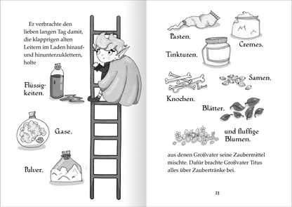 Gezeigt wird eine Innen- oder Zusatzansicht von „Der kleine Magier – Die Zauber-Apotheke“. Auf der linken Seite wird ein junger, blondhaariger Magier gezeigt, der auf einer Leiter steht und verschiedene Behälter mit Zutaten wie Flüssigkeiten, Pulver und Gasen hält. Die rechte Seite listet zahlreiche magische Bestandteile wie Pasten, Tinkturen, Knochen und Blumen auf. Die Illustration ist in Schwarzweiß gehalten und verwendet eine sanfte, verspielte Typografie, die das magische Thema...