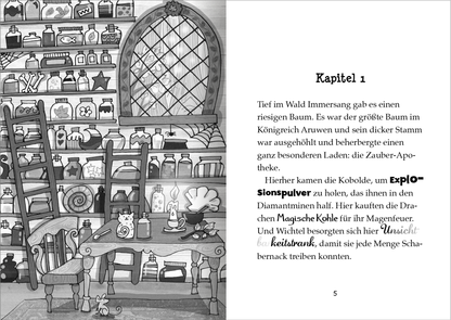 Gezeigt wird eine Innen- oder Zusatzansicht von „Der kleine Magier – Rettung für das Wasserpferd“. Die Abbildung zeigt eine zauberhafte Apotheke mit Regalen voller bunter Fläschchen und Töpfe, die geheimnisvolle Zutaten beinhalten. Im Vordergrund stehen zwei Holzleitern, die zu den oberen Regalen führen. Ein großer, gotischer Fensterbogen sorgt für Licht und zeigt einen fantasievollen Ausblick. Die Typografie ist verspielt, mit hervorgehobenen Elementen in Schwarz und Weiß.