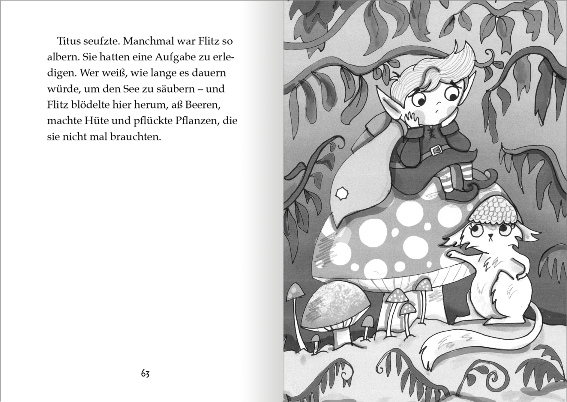 Gezeigt wird eine Innen- oder Zusatzansicht von „Der kleine Magier – Rettung für das Wasserpferd“. Die Seite zeigt eine schwarz-weiße Illustration eines kleinen, elfengleichen Charakters, der auf einem großen, rot-weißen Fliegenpilz sitzt. Daneben liegt ein niedliches, weißes Tier mit großen Augen. Die Umgebung besteht aus verzweigten Pflanzen und weiteren Pilzen, die eine fantasievolle, natürliche Atmosphäre schaffen. Die Schrift ist gut lesbar und folgt einem freundlichen,...