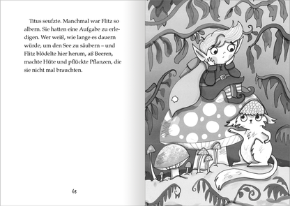 Gezeigt wird eine Innen- oder Zusatzansicht von „Der kleine Magier – Rettung für das Wasserpferd“. Die Seite zeigt eine schwarz-weiße Illustration eines kleinen, elfengleichen Charakters, der auf einem großen, rot-weißen Fliegenpilz sitzt. Daneben liegt ein niedliches, weißes Tier mit großen Augen. Die Umgebung besteht aus verzweigten Pflanzen und weiteren Pilzen, die eine fantasievolle, natürliche Atmosphäre schaffen. Die Schrift ist gut lesbar und folgt einem freundlichen,...