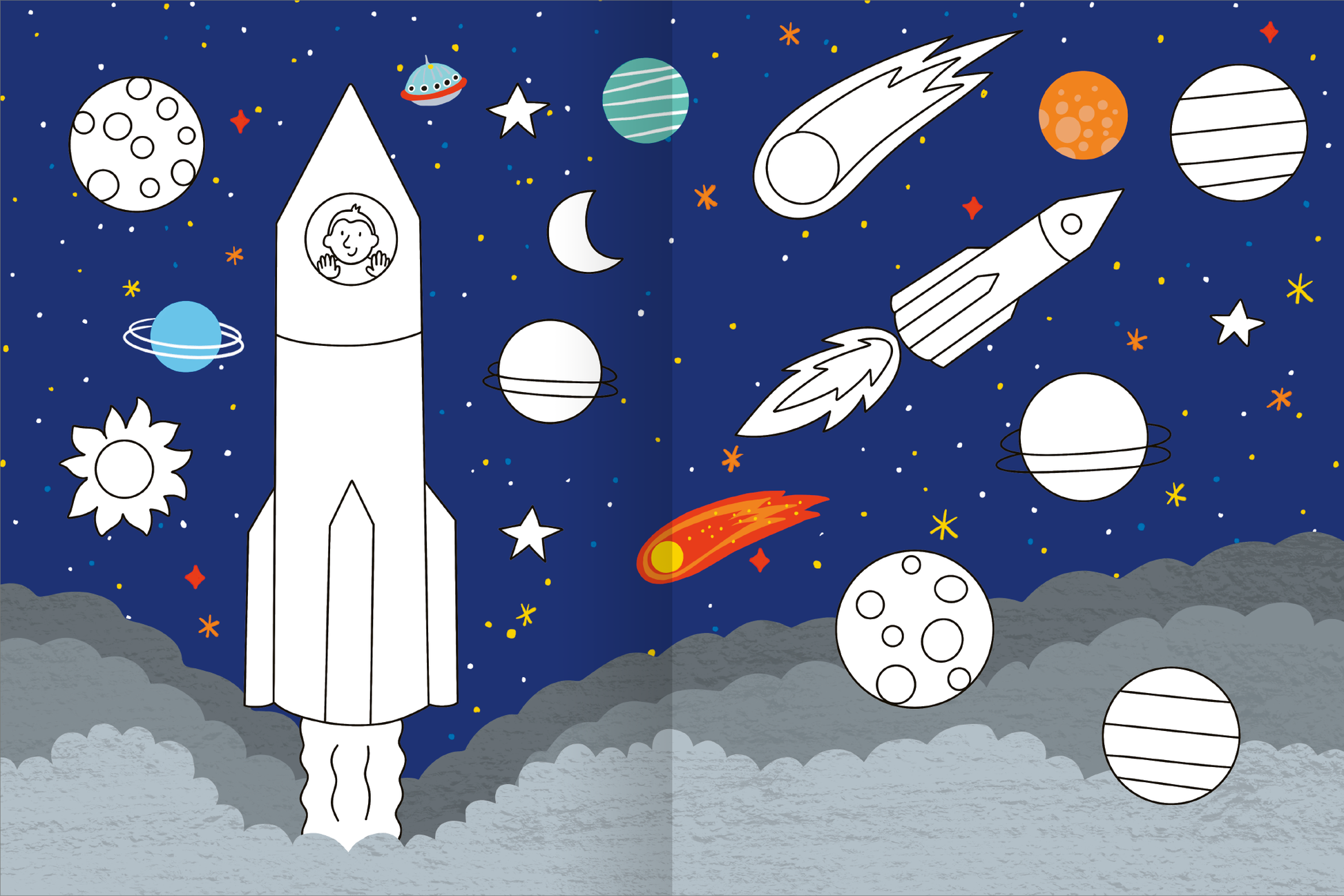 Gezeigt wird eine Innen- oder Zusatzansicht von „Mein großes buntes Malbuch – Fahrzeuge“. Die Illustration präsentiert eine Rakete, die durch den Weltraum fliegt, umgeben von Planeten, Sternen und Kometen. Der Hintergrund ist in tiefem Blau gehalten, während die Rakete und andere Elemente in klaren, weißen Konturen dargestellt sind, die zum Ausmalen einladen. Die Farbgestaltung bietet eine lebendige, fantasievolle Atmosphäre, die die Kreativität anregt.