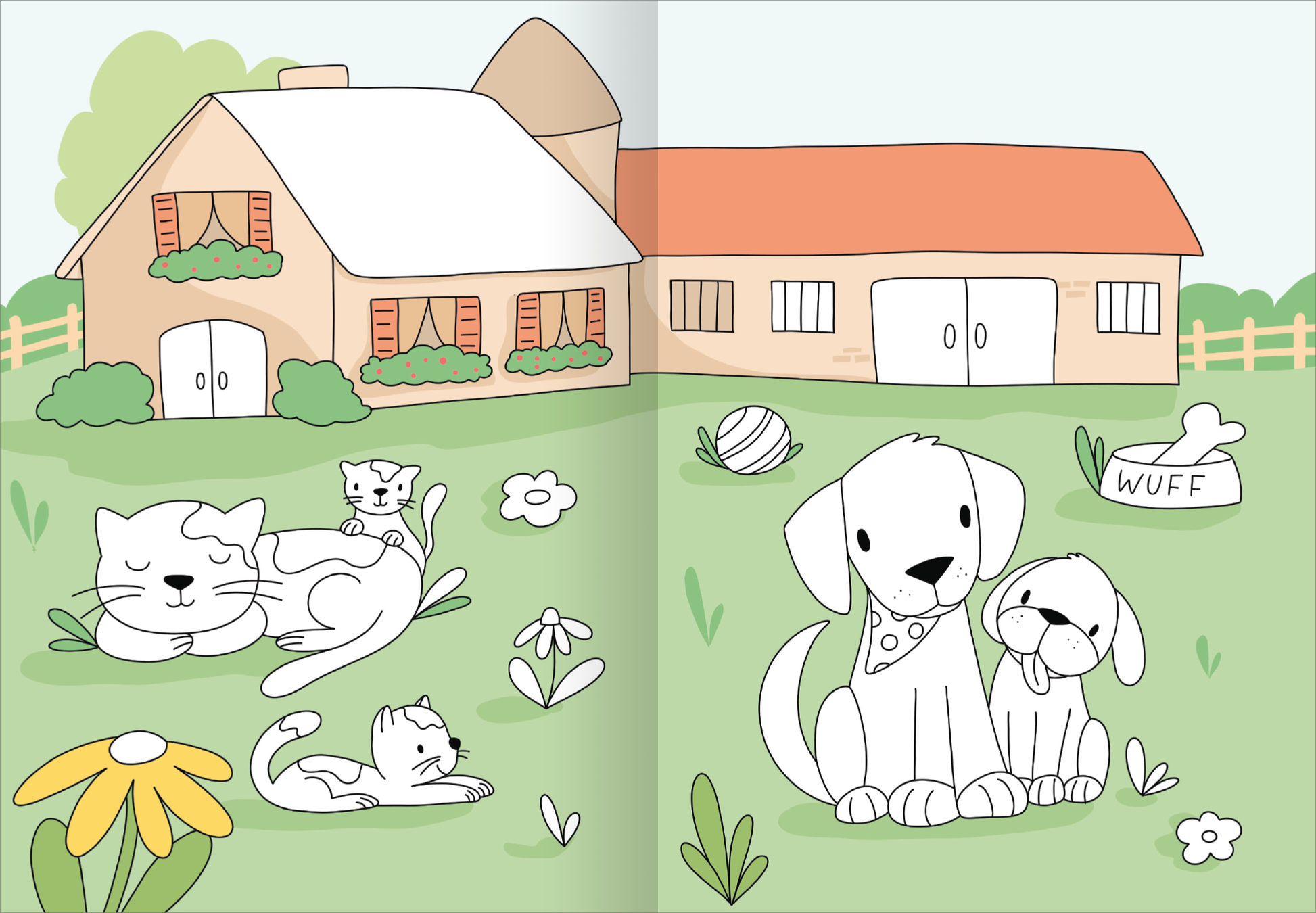 Gezeigt wird eine Innen- oder Zusatzansicht von „Mein großes buntes Malbuch – Bauernhof“. Die Illustration zeigt eine ländliche Szene mit einem hellen Bauernhaus und einem rot gedeckten Dach. In der Vordergrundszene liegen verschiedene Tiere, darunter ein schlafender Kater und zwei Hunde, die freundlich nebeneinander sitzen. Die Farben sind sanft, überwiegend in Pastelltönen gehalten, mit grünen Wiesen, bunten Blumen und einem klaren Himmel. Die Schrift ist kindgerecht und gut lesbar...