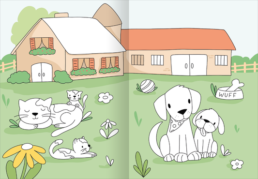 Gezeigt wird eine Innen- oder Zusatzansicht von „Mein großes buntes Malbuch – Bauernhof“. Die Illustration zeigt eine ländliche Szene mit einem hellen Bauernhaus und einem rot gedeckten Dach. In der Vordergrundszene liegen verschiedene Tiere, darunter ein schlafender Kater und zwei Hunde, die freundlich nebeneinander sitzen. Die Farben sind sanft, überwiegend in Pastelltönen gehalten, mit grünen Wiesen, bunten Blumen und einem klaren Himmel. Die Schrift ist kindgerecht und gut lesbar...