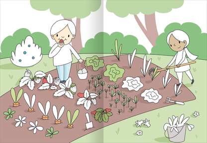 Gezeigt wird eine Innen- oder Zusatzansicht von „Mein großes buntes Malbuch – Bauernhof“. Die Illustration zeigt zwei Kinder in einem Garten, umgeben von verschiedenen Gemüsepflanzen und Blumen. Die Blumen sind in sanften Farbtönen gehalten, während die Erde braun und die Pflanzen grün sind. Der Junge auf der linken Seite hält einen Korb und isst eine Erdbeere, während das Mädchen rechts mit einer Schaufel arbeitet. Die Schrift ist klar und freundlich gestaltet, passend zum...