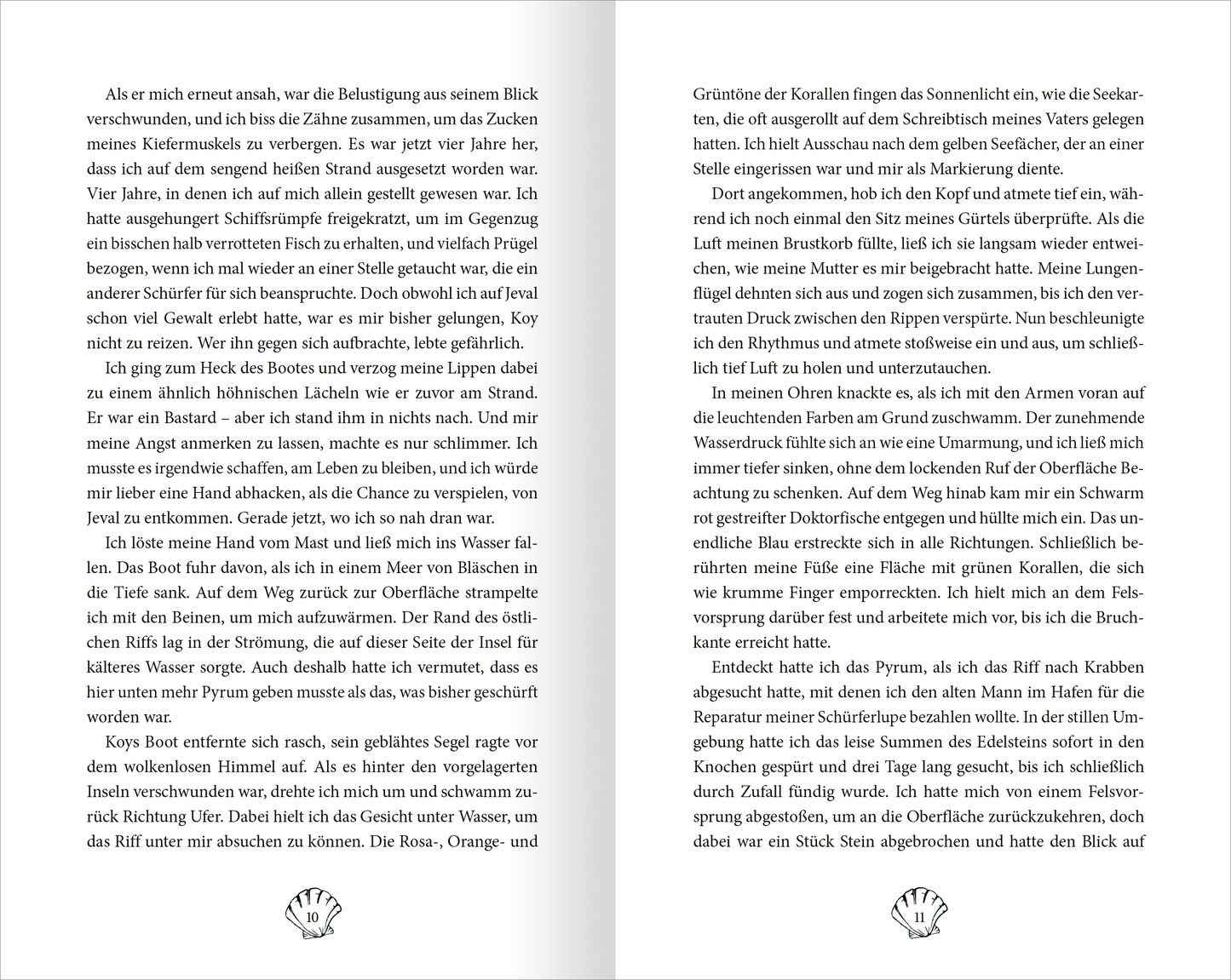 Gezeigt wird eine Innen- oder Zusatzansicht von „Fable – Der Gesang des Wassers“. Die Seiten zeigen einen klar strukturierten Text mit gut leserbarer Serifenschrift in schwarzer Farbe auf hellem Hintergrund. Das Layout unterstützt die Lesbarkeit und sorgt für eine angenehme Leseerfahrung.