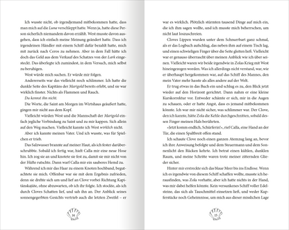 Gezeigt wird eine Innenansicht von „Fable – Das Geheimnis der Mitternacht“. Die Doppelseite präsentiert einen klar strukturierten Text in einer gut leserlichen Serifen-Schriftart. Die Seiten sind in einem sanften, cremefarbenen Ton gehalten, was die Lesbarkeit fördert. Der Text ist in schwarzer Farbe gedruckt und mit einem ansprechenden Zeilenabstand versehen. Kleine illustrative Elemente, wie eine dezente Verzierung am unteren Seitenrand, ergänzen das Gesamtbild harmonisch.