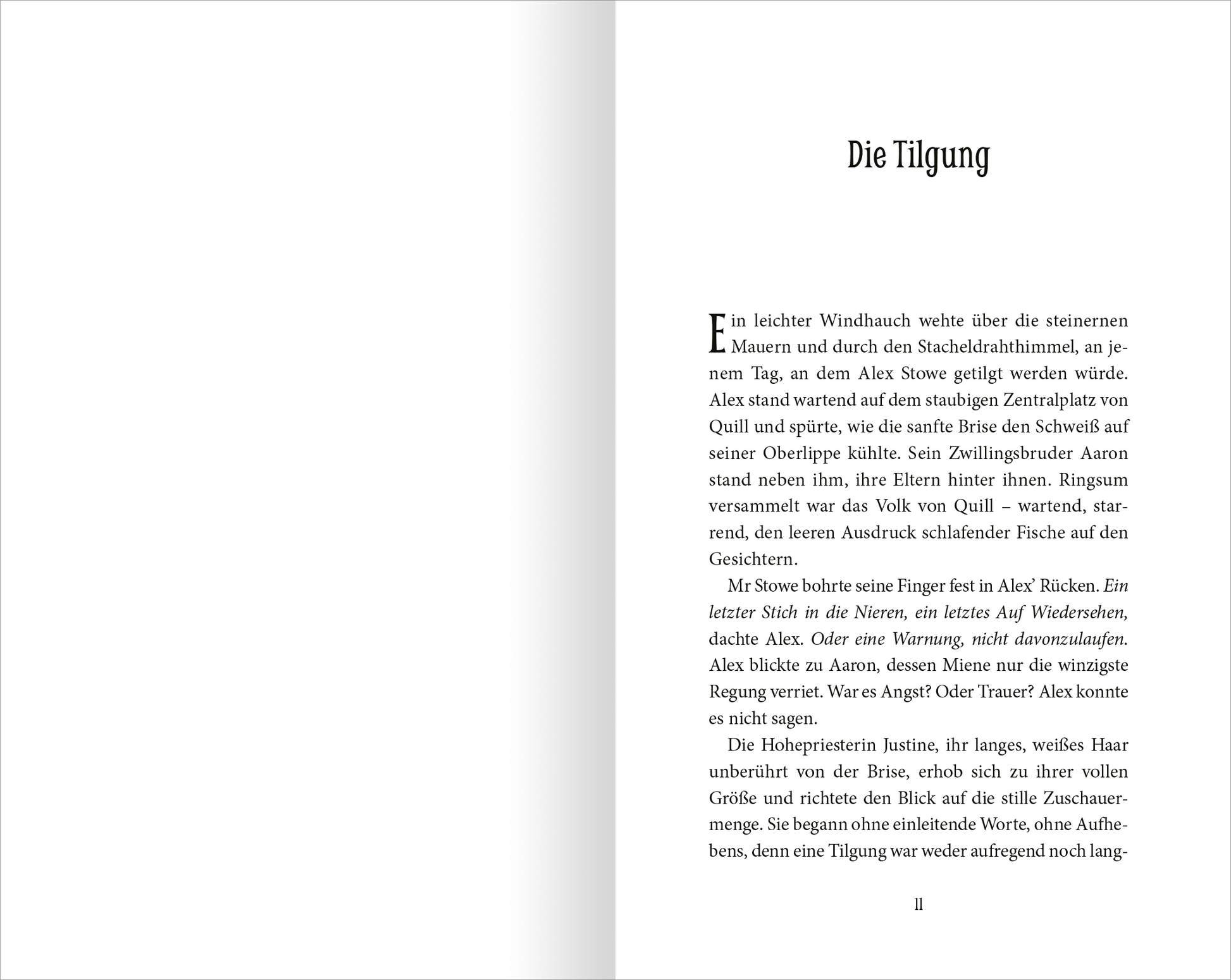 Gezeigt wird eine Innenansicht von „Wächter der Magie – Aufbruch nach Artimé“. Die Seite zeigt den beginnenden Text unter dem Titel „Die Tilgung“ in klarer, gut lesbarer Schrift. Die Typografie ist in Schwarz gehalten und hebt sich deutlich vom weißen Hintergrund ab.