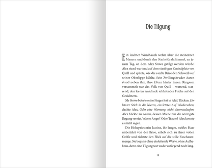 Gezeigt wird eine Innenansicht von „Wächter der Magie – Aufbruch nach Artimé“. Die Seite zeigt den beginnenden Text unter dem Titel „Die Tilgung“ in klarer, gut lesbarer Schrift. Die Typografie ist in Schwarz gehalten und hebt sich deutlich vom weißen Hintergrund ab.