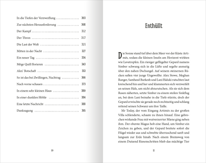 Gezeigt wird eine Innen- oder Zusatzansicht von „Wächter der Magie – Die zwei Schicksale“. Die Doppelseite enthält links einen Teil des Inhaltsverzeichnis und rechts einen klar strukturierten Textblock in einer gut lesbaren Schriftart, die in Schwarz auf hellem Hintergrund gedruckt ist. Die Seitenzahlen sind am unteren Rand positioniert.