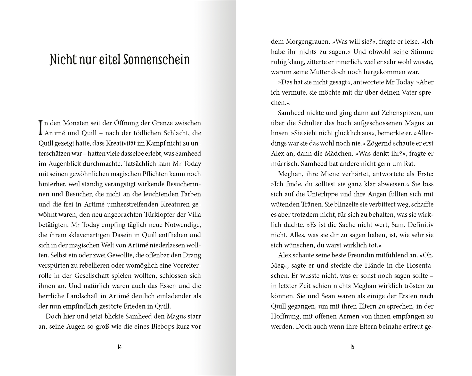 Gezeigt wird eine Innen- oder Zusatzansicht von „Wächter der Magie – Die zwei Schicksale“. Die Seiten zeigen einen klaren, gut lesbaren Schriftsatz in dunkler Typografie auf hellem Hintergrund. Die Kapitelüberschrift ist durch größere Schrift und fettgedruckte Elemente hervorgehoben.