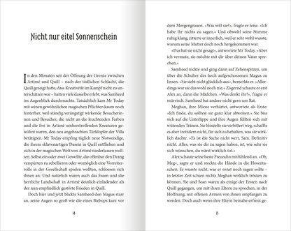 Gezeigt wird eine Innen- oder Zusatzansicht von „Wächter der Magie – Die zwei Schicksale“. Die Seiten zeigen einen klaren, gut lesbaren Schriftsatz in dunkler Typografie auf hellem Hintergrund. Die Kapitelüberschrift ist durch größere Schrift und fettgedruckte Elemente hervorgehoben.