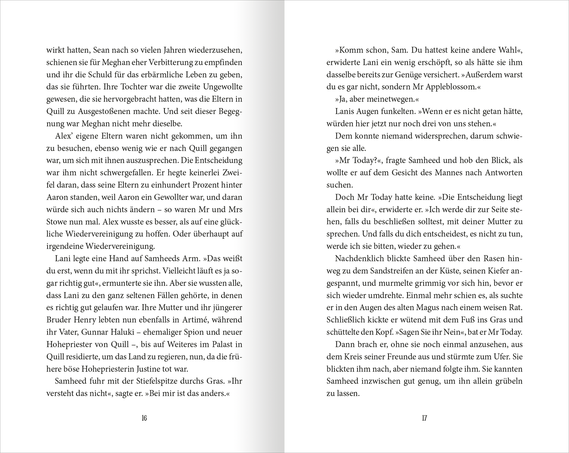 Gezeigt wird eine Innen- oder Zusatzansicht von „Wächter der Magie – Die zwei Schicksale“. Die Doppelseite zeigt den Text im zweispaltigen Layout, unterbrochen von klaren Absätzen. Der Schriftstil ist gut lesbar in einem dunklen Farbton auf hellem Hintergrund. Die Seitenzahlen sind am unteren Rand in der Mitte positioniert.