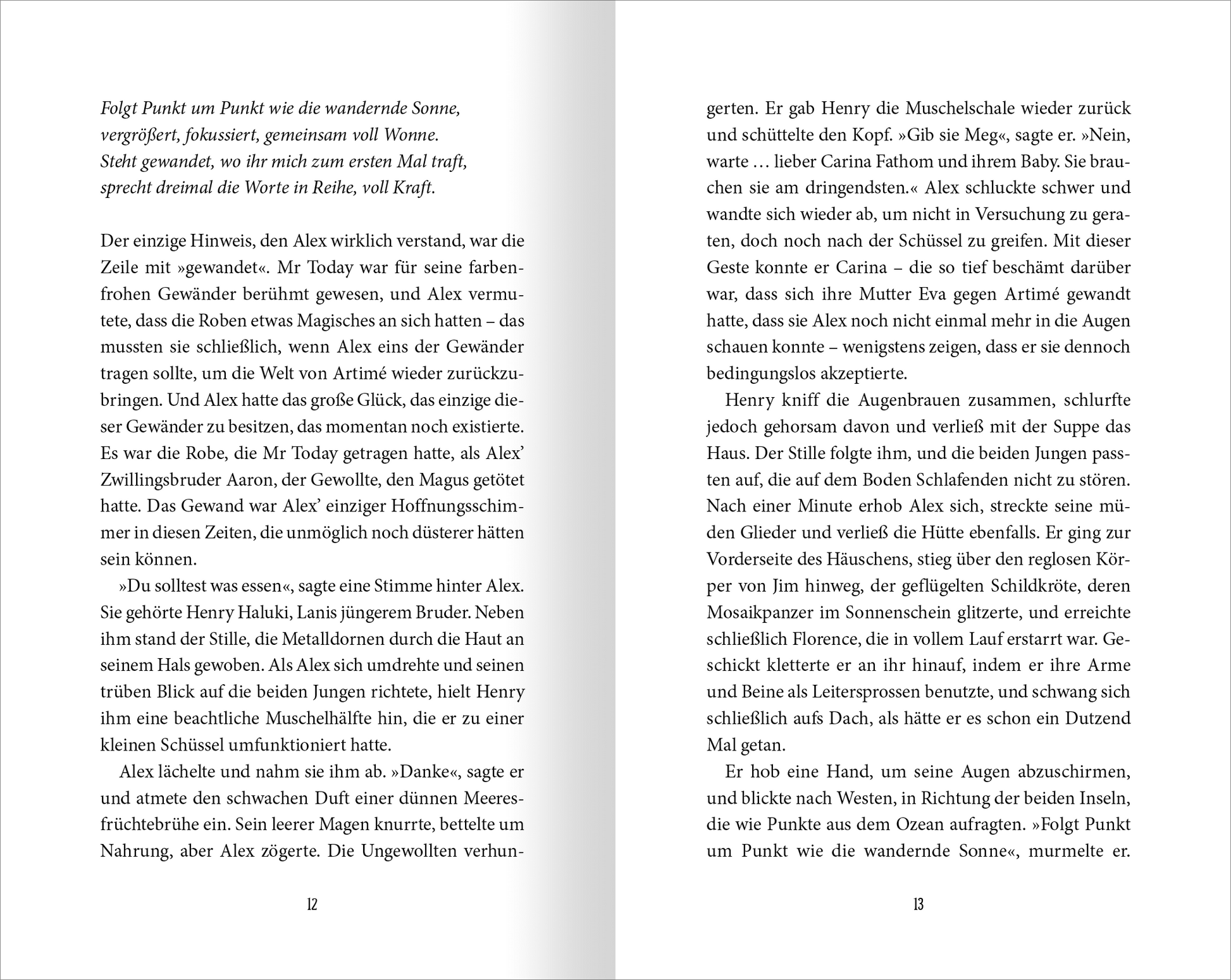Gezeigt wird eine Innen- oder Zusatzansicht von „Wächter der Magie – Die Feuerinsel“. Die Seite zeigt zwei Spalten Text in einer klaren, gut lesbaren Serifenschrift. Der Hintergrund ist in einem Weiß gehalten, während der Text in dunkler Schriftfarbe kontrastiert. Zwischen den Absätzen sind schmale Zeilenabstände, die die Lesbarkeit erhöhen. Die Seitenzahlen befinden sich am unteren Rand.