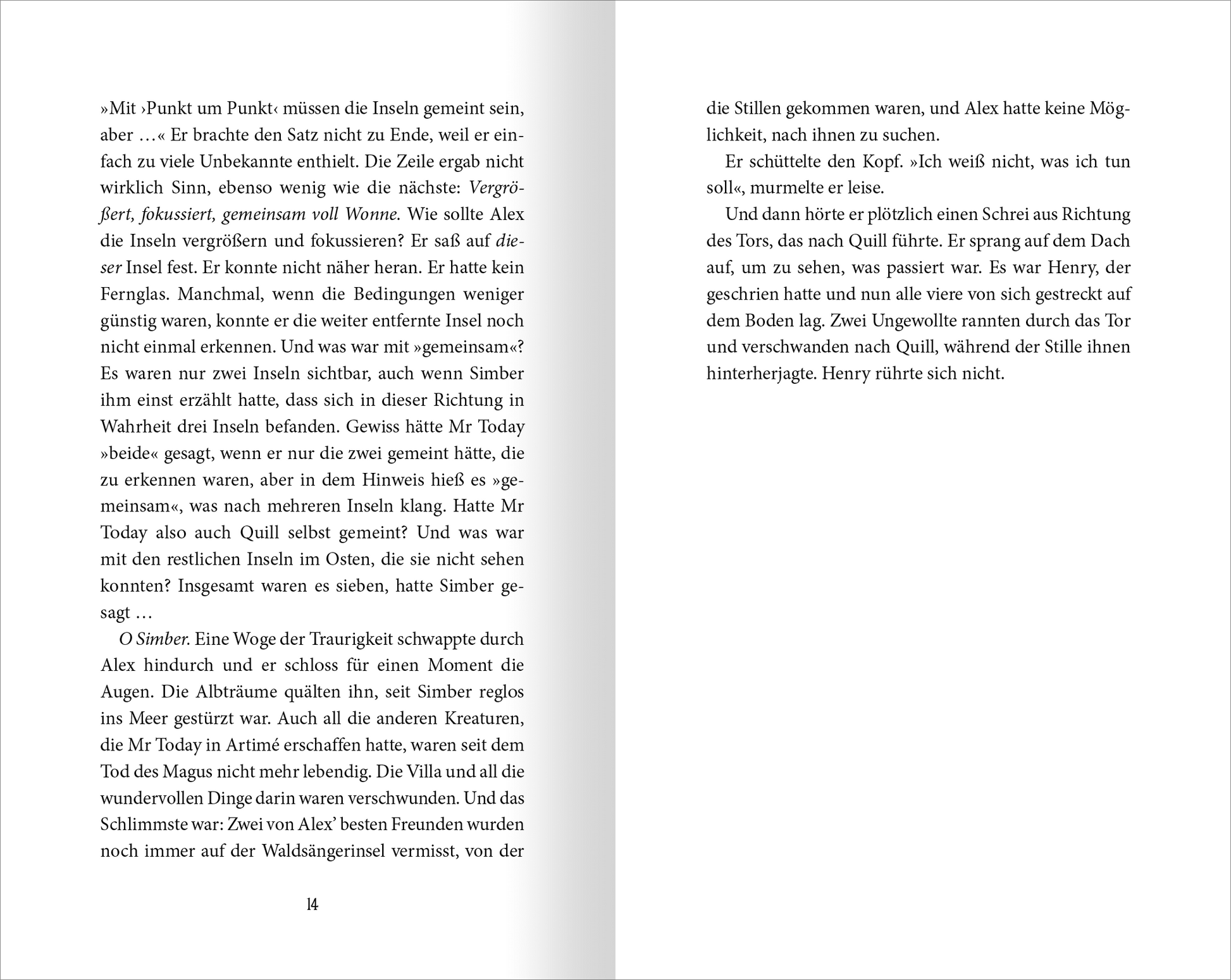 Gezeigt wird eine Innen- oder Zusatzansicht von „Wächter der Magie – Die Feuerinsel“. Die Seite zeigt zwei Spalten Text in einer klaren, gut lesbaren Serifenschrift. Der Hintergrund ist in einem Weiß gehalten, während der Text in dunkler Schriftfarbe kontrastiert. Zwischen den Absätzen sind schmale Zeilenabstände, die die Lesbarkeit erhöhen. Die Seitenzahlen befinden sich am unteren Rand.