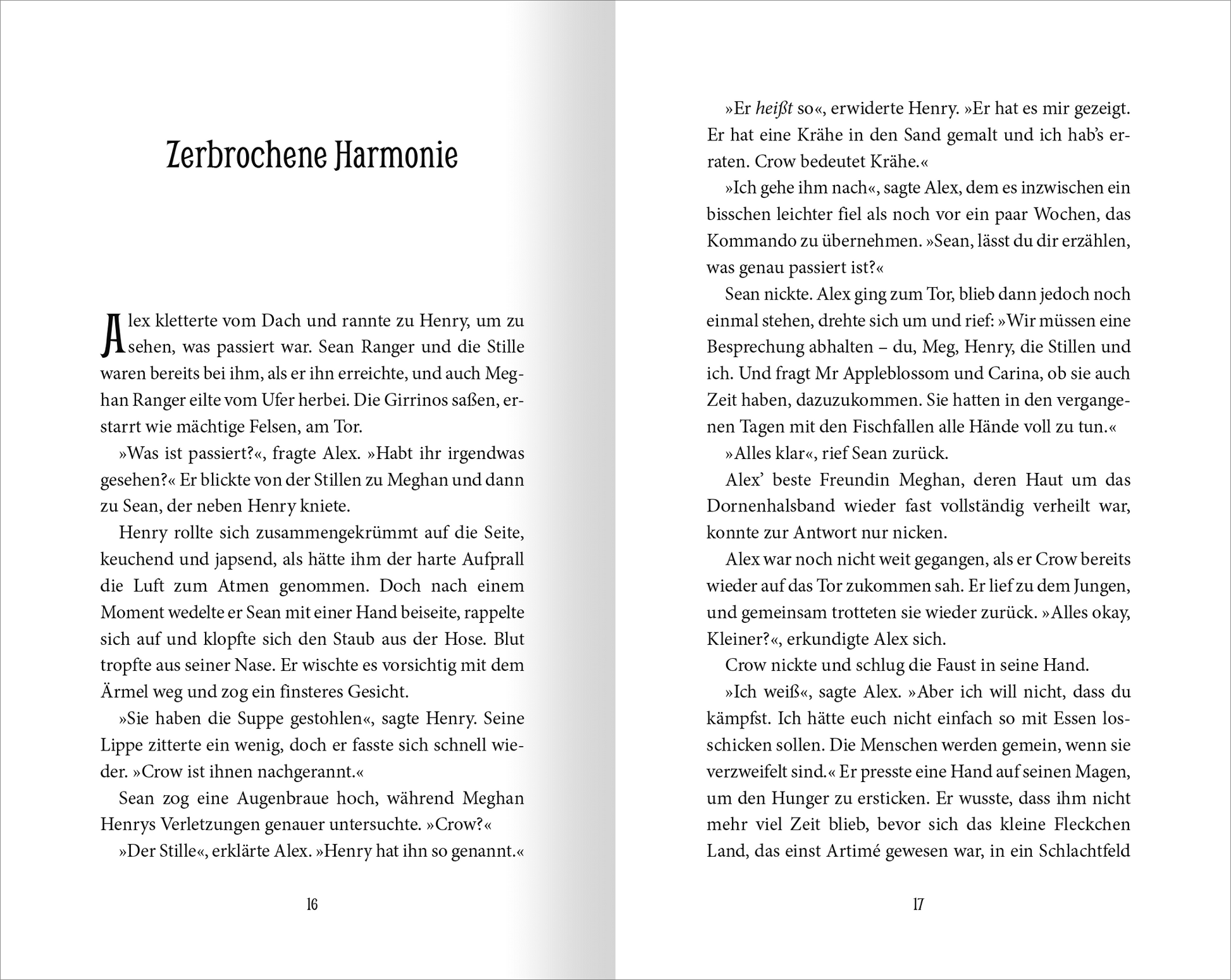 Gezeigt wird eine Innen- oder Zusatzansicht von „Wächter der Magie – Die Feuerinsel“. Die Seite zeigt zwei Spalten Text in einer klaren, gut lesbaren Serifenschrift. Der Hintergrund ist in einem Weiß gehalten, während der Text in dunkler Schriftfarbe kontrastiert. Zwischen den Absätzen sind schmale Zeilenabstände, die die Lesbarkeit erhöhen. Die Seitenzahlen befinden sich am unteren Rand.