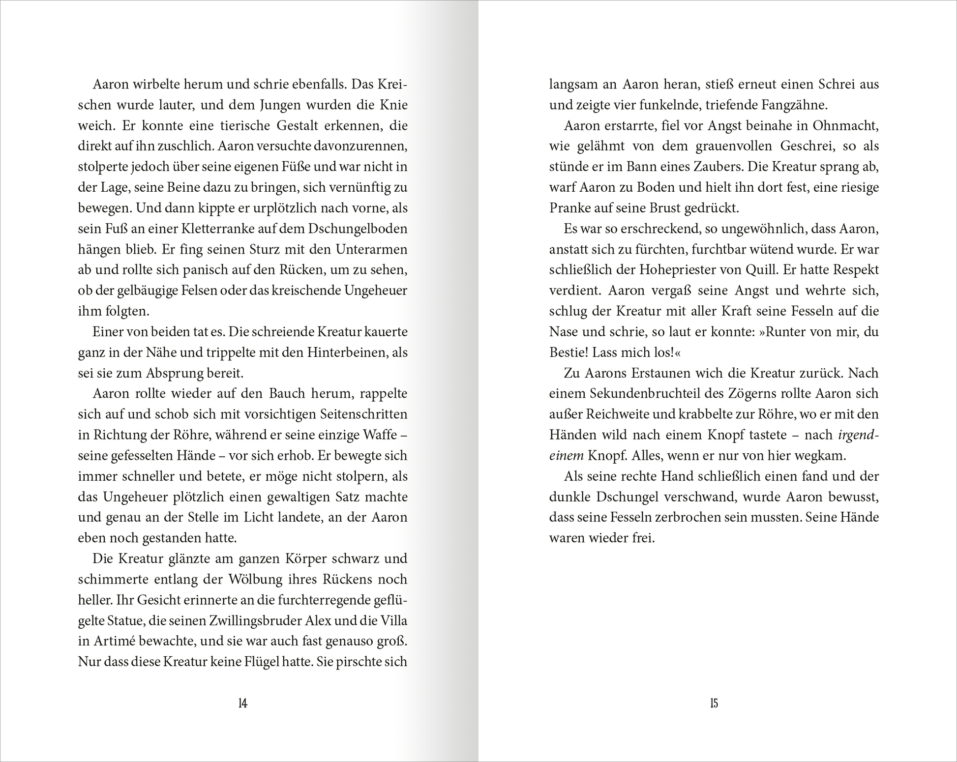Gezeigt wird eine Innenansicht von „Wächter der Magie – Insel der Legenden“. Die Seite zeigt den Text in klassischer, gut lesbarer Serifen-Typografie, die in Schwarz auf hellem Hintergrund gedruckt ist. Die Seitenränder sind gleichmäßig, und der Text ist klar strukturiert.
