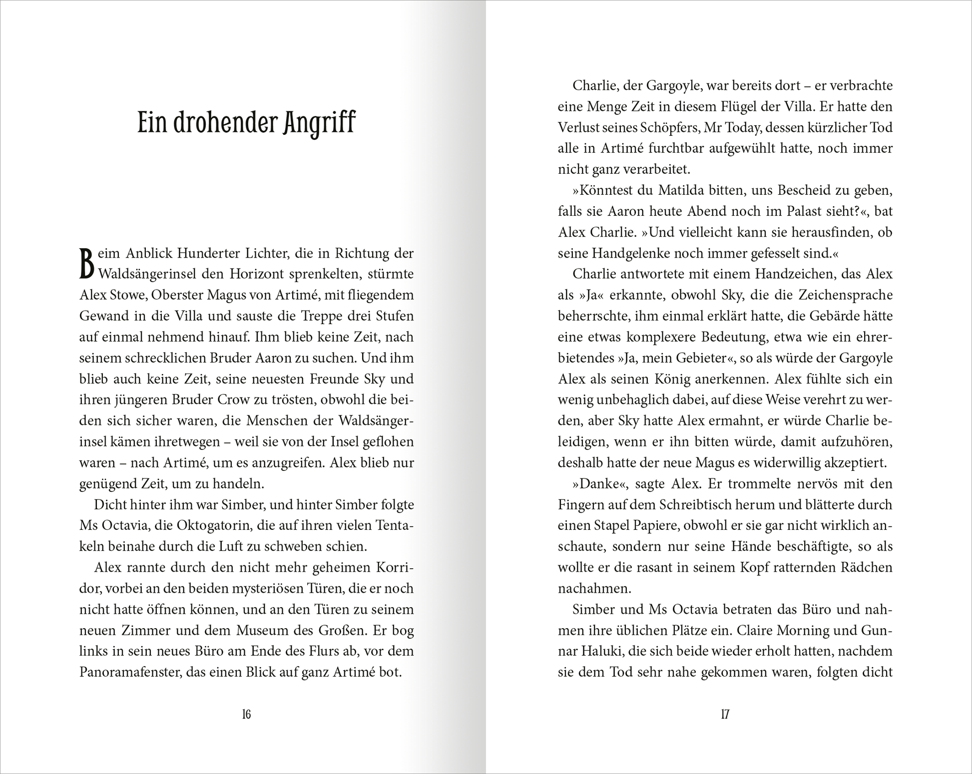 Gezeigt wird eine Innenansicht von „Wächter der Magie – Insel der Legenden“. Die Seite zeigt den Text in klassischer, gut lesbarer Serifen-Typografie, die in Schwarz auf hellem Hintergrund gedruckt ist. Die Seitenränder sind gleichmäßig, und der Text ist klar strukturiert.