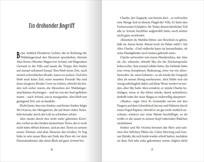 Gezeigt wird eine Innenansicht von „Wächter der Magie – Insel der Legenden“. Die Seite zeigt den Text in klassischer, gut lesbarer Serifen-Typografie, die in Schwarz auf hellem Hintergrund gedruckt ist. Die Seitenränder sind gleichmäßig, und der Text ist klar strukturiert.