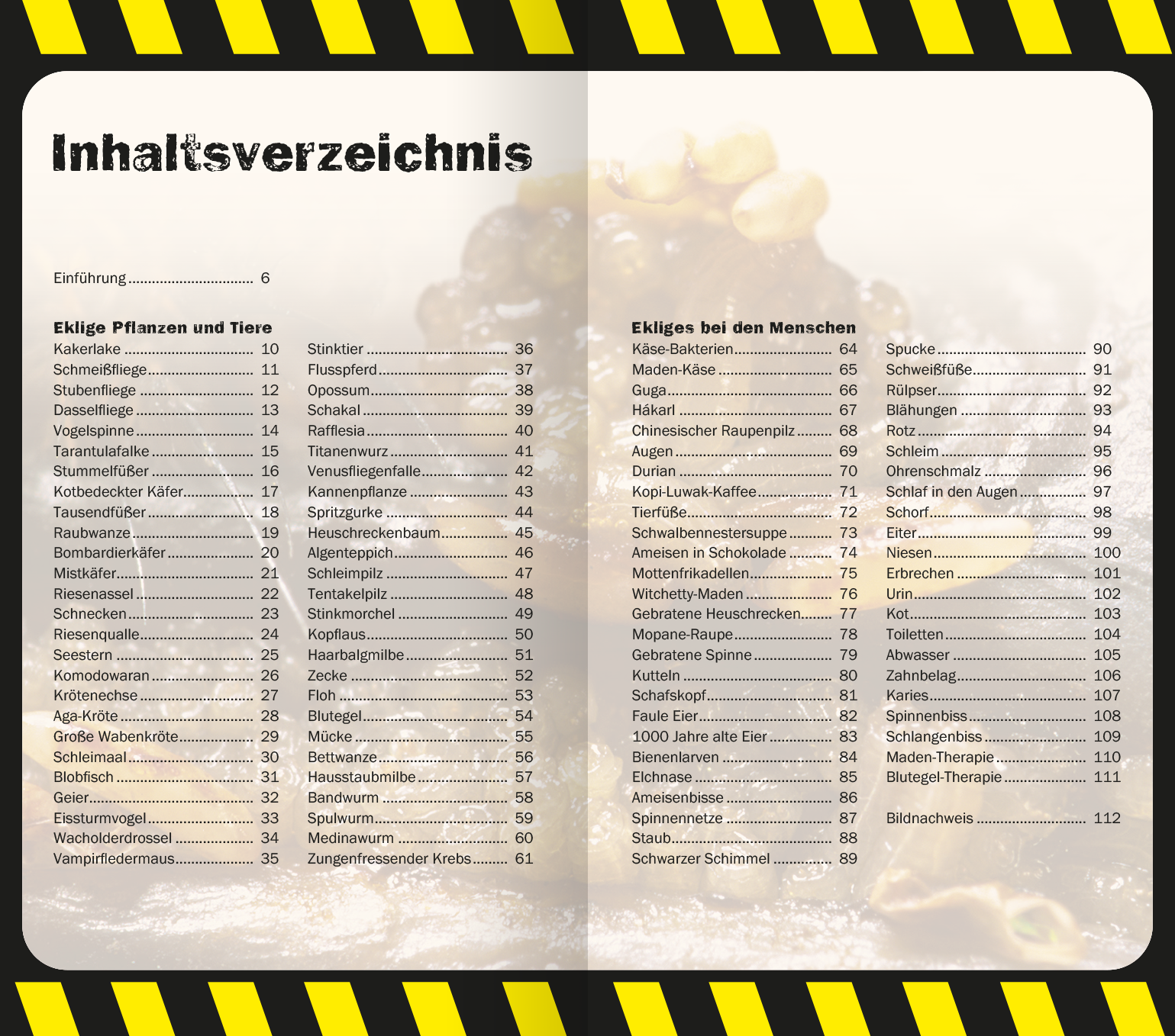 Gezeigt wird eine Innen- oder Zusatzansicht von „Die 100 ekligsten Dinge der Welt“. Die Doppelseite zeigt ein Inhaltsverzeichnis mit klarer, großer Schrift. Die Titelfarbe ist Schwarz auf einem hellen Hintergrund, akzentuiert durch gelbe Warnstreifen am Rand. Die typografische Gestaltung wirkt strukturiert und übersichtlich. Die Themen sind in zwei Kategorien unterteilt: „Eklige Pflanzen und Tiere“ sowie „Ekliges bei den Menschen“, wodurch eine klare Gliederung entsteht.