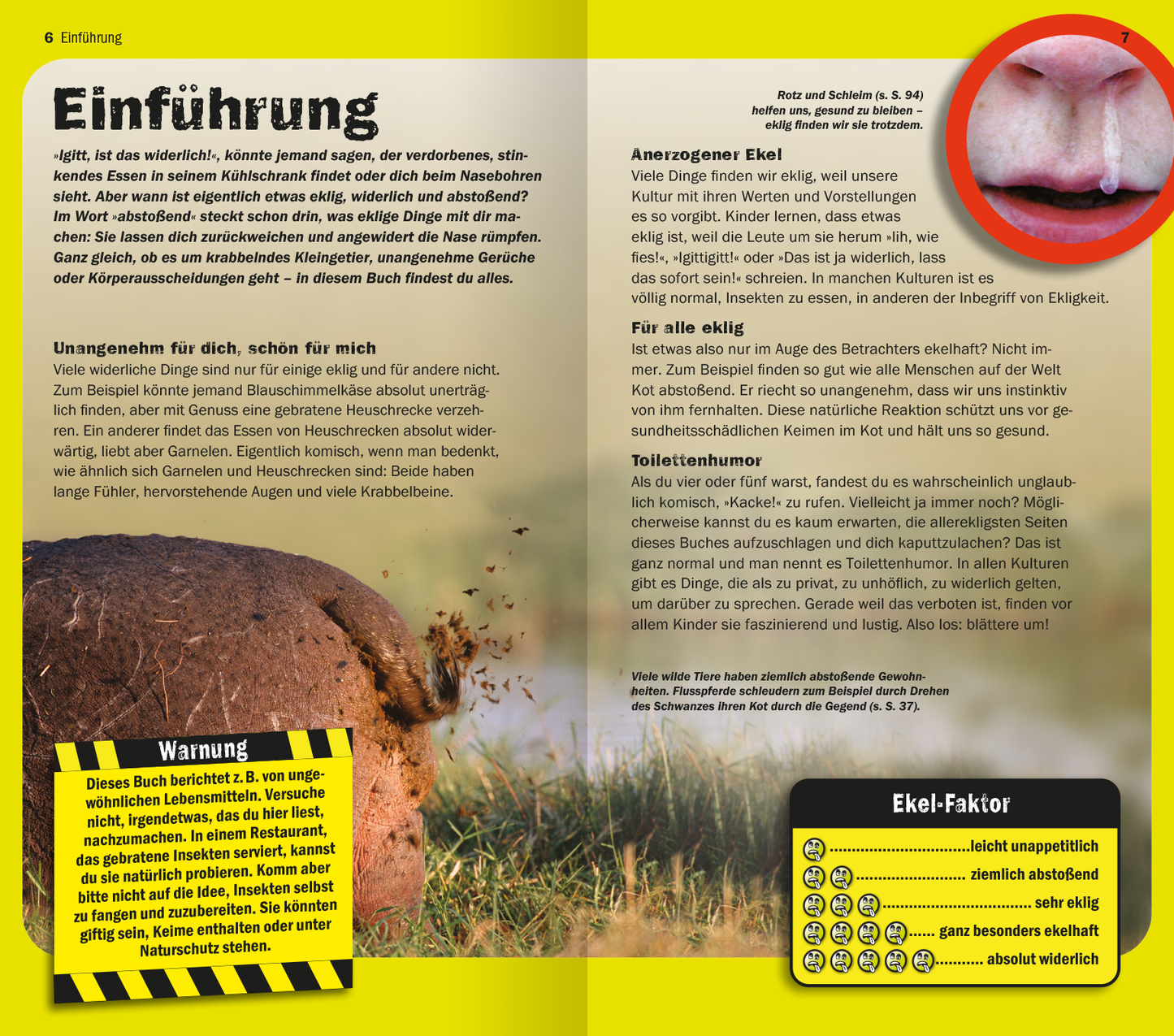 Gezeigt wird eine Innen- oder Zusatzansicht von „Die 100 ekligsten Dinge der Welt“. Die Seite ist in warmen Gelbtönen und kräftigem Schwarz gestaltet. Der Titel „Einführung“ ist groß und fett, um Aufmerksamkeit zu erregen. In der linken Spalte befindet sich ein warnender Text mit einem schwarz-gelben Warnschild als grafisches Element. Die rechte Spalte umfasst ansprechende Absätze mit bunten Illustrationen, die eklige Dinge darstellen. Die Typografie ist klar und gut lesbar, was...