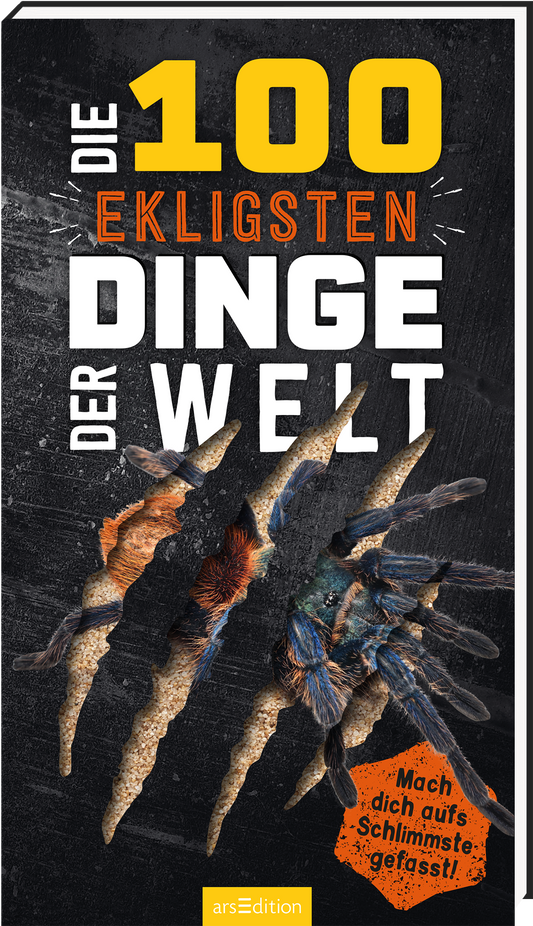 Auf dem Buchcover dominieren kräftige Farben auf schwarzem Hintergrund. Der Titel „Die 100 ekligsten Dinge der Welt“ ist in großen, gelben und orangefarbenen Buchstaben gestaltet. Darunter hebt sich der Schriftzug „Dinge“ hervor, deutlich und in Weiß. Abstrakte, krallenartige Gestalten sind im unteren Drittel zu sehen, was eine schaurige Atmosphäre erzeugt. Ein orangefarbener Button mit dem Text „Mach dich aufs Schlimmste gefasst!“ ist plakatiert. Ganz unten mittig steht der...