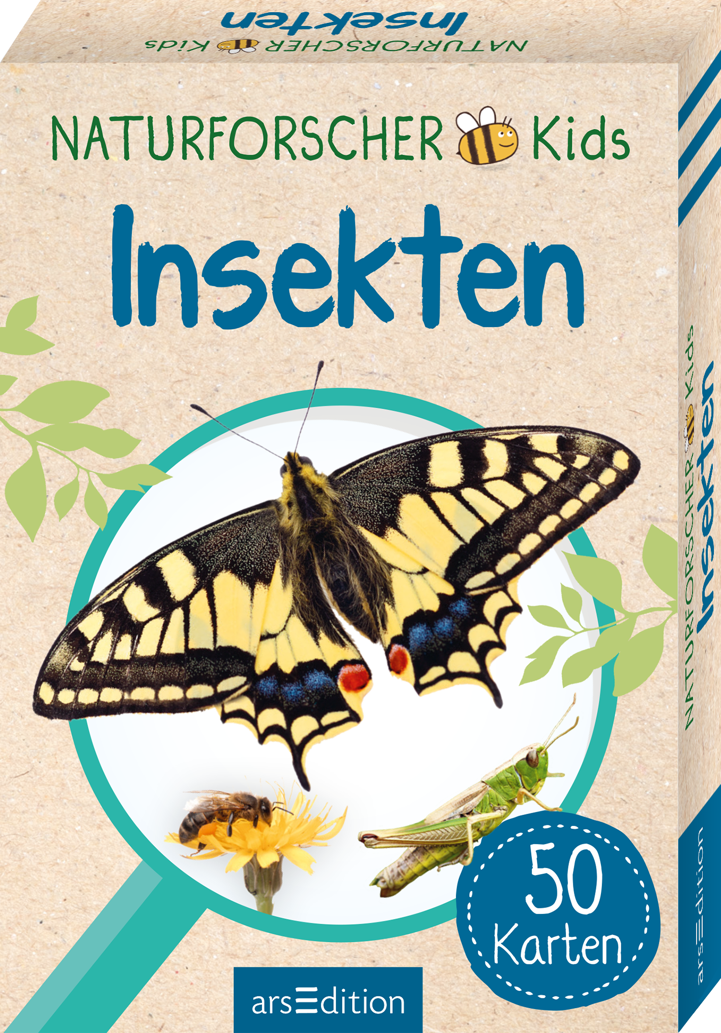 Auf dem Buchcover sind verschiedene Insekten abgebildet, darunter ein farbenfroher Schmetterling und eine Grille, die harmonisch auf einer hellen, natürlich anmutenden Hintergrundtextur platziert sind. Der Titel „Insekten“ ist in einer kindgerechten, verspielten Schrift in Blau dargestellt, umgeben von grünen Blättern und einem gelben Blumenmotiv. Oben links befindet sich das Logo „NATURFORSCHER Kids“ mit einer Biene. Ganz unten mittig steht der Logoschriftzug von arsEdition.