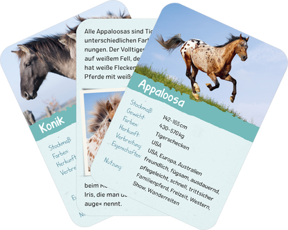 Gezeigt wird eine Innen- oder Zusatzansicht von „Naturforscher-Kids – Pferde und Ponys“. Die Ansicht zeigt mehrere Karten mit Bildern von Pferden, darunter ein Appaloosa und ein Konik. Die Karten sind in hellen Farben gestaltet, wobei die wichtigsten Informationen in einer türkisfarbenen Box hervorgehoben sind. Die Typografie ist klar und gut lesbar, mit Überschriften, die die Rasse und Informationen wie Größe und Gewicht vermitteln. Ein ansprechender Hintergrund zeigt die Tiere in...