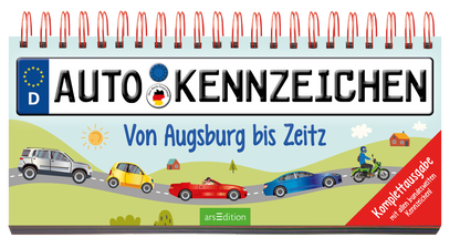 Das Buchcover zeigt den Titel „AUTO KENNZEICHEN“ in großen, schwarzen Buchstaben auf hellblauem Hintergrund, umrahmt von einer lockeren, kindgerechten Grafik. Darunter steht „Von Augsburg bis Zeitz“ in freundlichem, hellblauem Schriftzug. In der unteren rechten Ecke befindet sich ein rotes Feld mit dem Text „Komplettausgabe mit allen Kennzeichen“. Bunte Autos in verschiedenen Farben bewegen sich auf einer kurvigen Straße unter einem strahlend blauen Himmel. Ganz unten mittig steht...