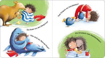 Gezeigt wird eine Innen- oder Zusatzansicht von „Die weltbeste Umarmung“. Die Illustration zeigt ein farbenfrohes Kinderbuch mit verspielten Szenen. Links umarmt ein Kind mit lockigen Haaren ein Känguru, während es ein rotes Herzchen hält. Rechts sind ein Blau-Pinguin und ein Igel zu sehen, die sich nah kommen. Die verwendeten Farben sind sanft und einladend, mit viel Grün, Blau und Rot. Die Texte sind in einer verspielten, gut lesbaren Schriftart in Schwarz gehalten, die die Fragen...