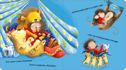 Gezeigt wird eine Innen- oder Zusatzansicht von „Die weltbeste Umarmung“. Die Illustration zeigt eine fröhliche, bunte Szene mit einem Jungen und einem Mädchen, die zusammen mit einem Löwen, einem Leoparden und anderen tierischen Freunden gemütlich unter einer Decke liegen. Die Hauptfarben sind lebhaftes Blau, Gelb und Rot. Die Typografie ist spielerisch und farbenfroh, mit einladenden Texten wie „Affenknuddel gibt&#039;s in jeder Lage“. Die Atmosphäre strahlt Wärme und...