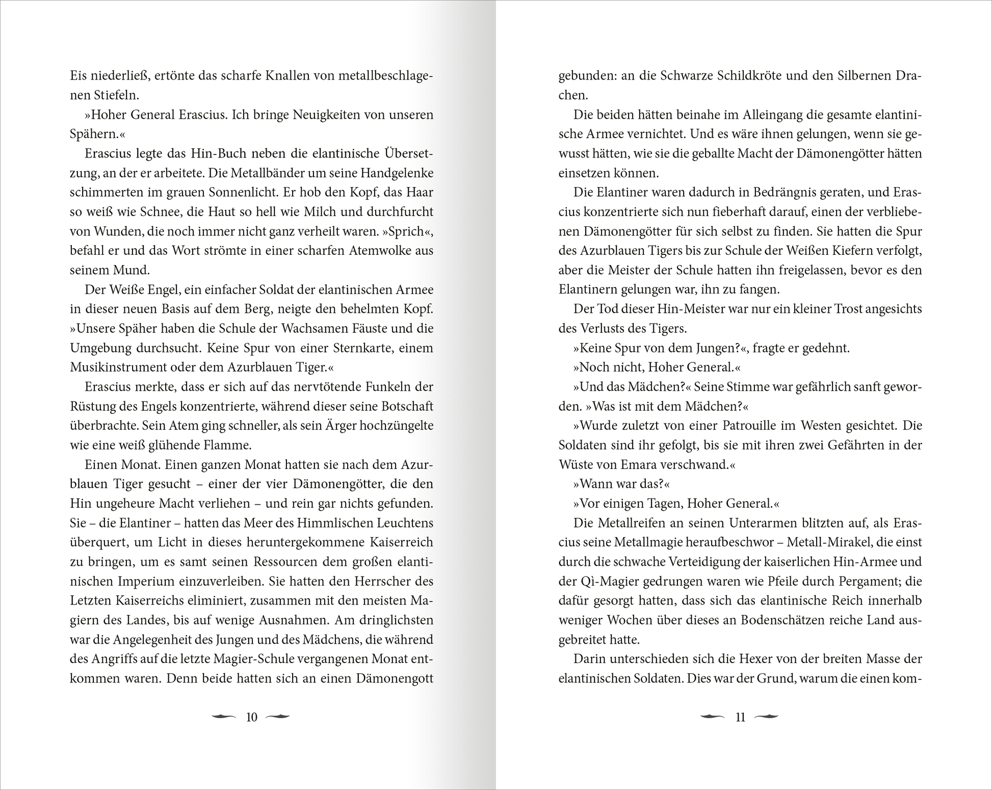 Gezeigt wird eine Innen- oder Zusatzansicht von „Dark Star Burning – Das letzte Kaiserreich“. Die Seiten zeigen einen gedruckten Text in dunkler Serifenschrift auf hellem Hintergrund, der gut lesbar ist. Die Gestaltung verwendet eine schlichte Farbpalette mit vorwiegendem Weiß und Schwarz, unterbrochen von gelegentlichen grafischen Elementen. Die Seitenzahlen sind deutlich platziert, und der gesamte Layout vermittelt einen klassischen, übersichtlichen Stil, der das Leseerlebnis...