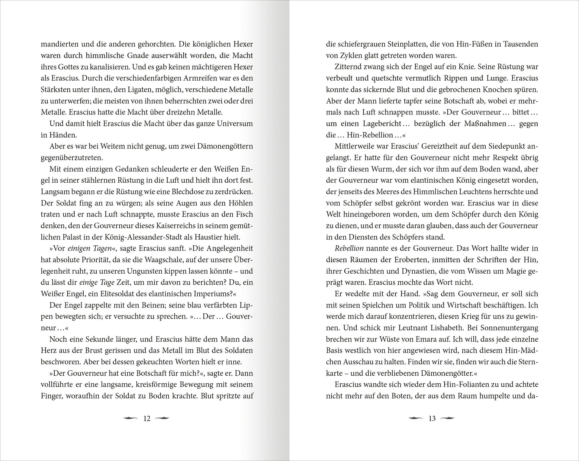 Gezeigt wird eine Innen- oder Zusatzansicht von „Dark Star Burning – Das letzte Kaiserreich“. Die Seite zeigt einen fortlaufenden Text in schwarzer Schrift auf weißem Hintergrund, unterbrochen von Absätzen und Seitenzahlen in der oberen Ecke. Die verwendete Typografie ist klar und gut lesbar, mit einer seriösen Anmutung. Es sind keine Abbildungen oder grafischen Elemente vorhanden, was den Fokus auf den Inhalt und die Lesbarkeit lenkt.