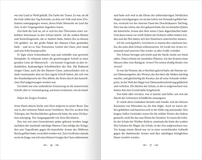 Gezeigt wird eine Innen- oder Zusatzansicht von „Dark Star Burning – Das letzte Kaiserreich“. Die Seiten sind überwiegend in einem klaren Schwarz-Weiß-Layout gehalten, mit einem deutlichen Kontrast zwischen dem weißen Hintergrund und der schwarz gedruckten Schrift. Die Typografie ist gut lesbar, mit serifenlosen Schriftzügen in normaler Größe. Auf der linken Seite ist eine durchgehende Textpassage abgebildet, die mit präzisen Absätzen strukturiert ist, während die rechte Seite...