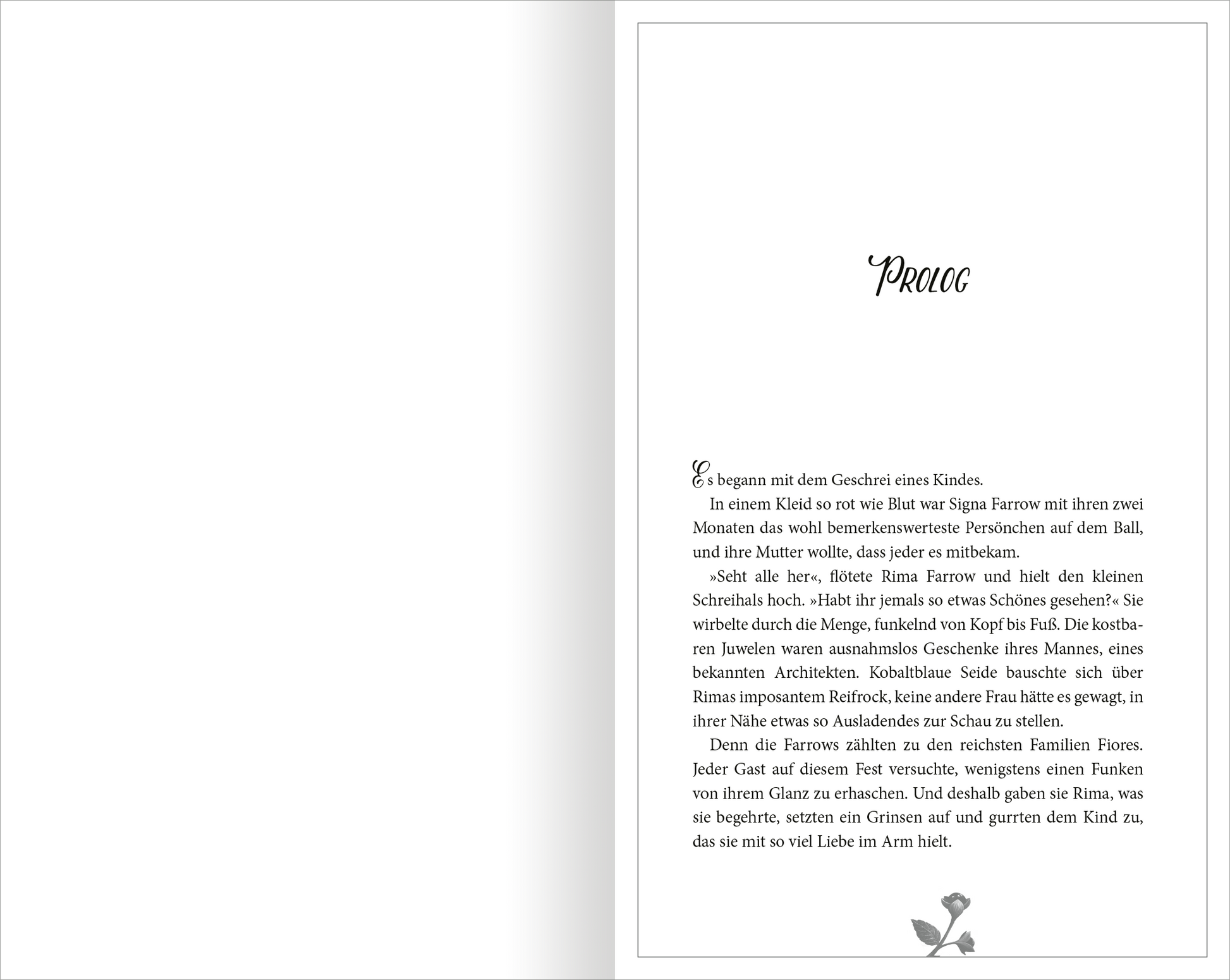 Gezeigt wird eine Innenansicht von „Belladonna – Die Berührung des Todes“. Die Seite zeigt den textuellen Prolog in schwarzer Schrift auf hellem Hintergrund. Die Kopfzeile „PROLOG“ ist in eleganter, geschwungener Typografie und hebt sich deutlich vom Text ab. Am unteren Bildrand ist eine zarte, stilisierte Blume in Grau zu sehen. Der Gesamteindruck ist klar und ansprechend, mit einem Fokus auf Lesbarkeit und einem harmonischen Layout.