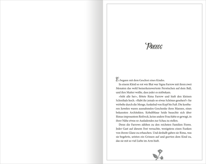 Gezeigt wird eine Innenansicht von „Belladonna – Die Berührung des Todes“. Die Seite zeigt den textuellen Prolog in schwarzer Schrift auf hellem Hintergrund. Die Kopfzeile „PROLOG“ ist in eleganter, geschwungener Typografie und hebt sich deutlich vom Text ab. Am unteren Bildrand ist eine zarte, stilisierte Blume in Grau zu sehen. Der Gesamteindruck ist klar und ansprechend, mit einem Fokus auf Lesbarkeit und einem harmonischen Layout.