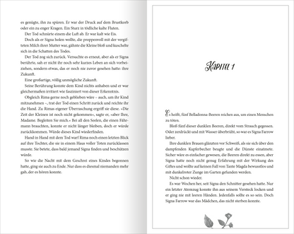 Gezeigt wird eine Innen- oder Zusatzansicht von „Belladonna – Die Berührung des Todes“. Auf der linken Seite ist ein Textabschnitt mit kursiver Schrift und klarer, gut lesbarer Typografie abgebildet. Der Hintergrund ist in einem sanften, cremefarbenen Ton gehalten. Auf der rechten Seite steht „Kapitel 1“ in einer eleganten Schriftart, die durch ihre Größe und Schriftart ins Auge fällt. Das Layout ist übersichtlich und sorgt für eine angenehme Leserführung.