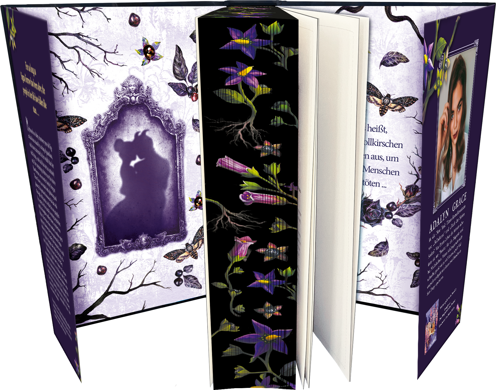 Gezeigt wird eine Innen- oder Zusatzansicht von „Belladonna – Die Berührung des Todes“. Die Gestaltung ist geprägt von sanften Lila- und Violetttönen, ergänzt durch dunkle, blattartige Motive. Auf der linken Innenseite befindet sich ein eleganter Schattenriss, während rechts ein Porträt mit dem Namen der Autorin präsentiert wird. Florale Illustrationen in leuchtenden Farben ziehen sich über den Buchschnitt. Die Schrift ist klar und gut lesbar.