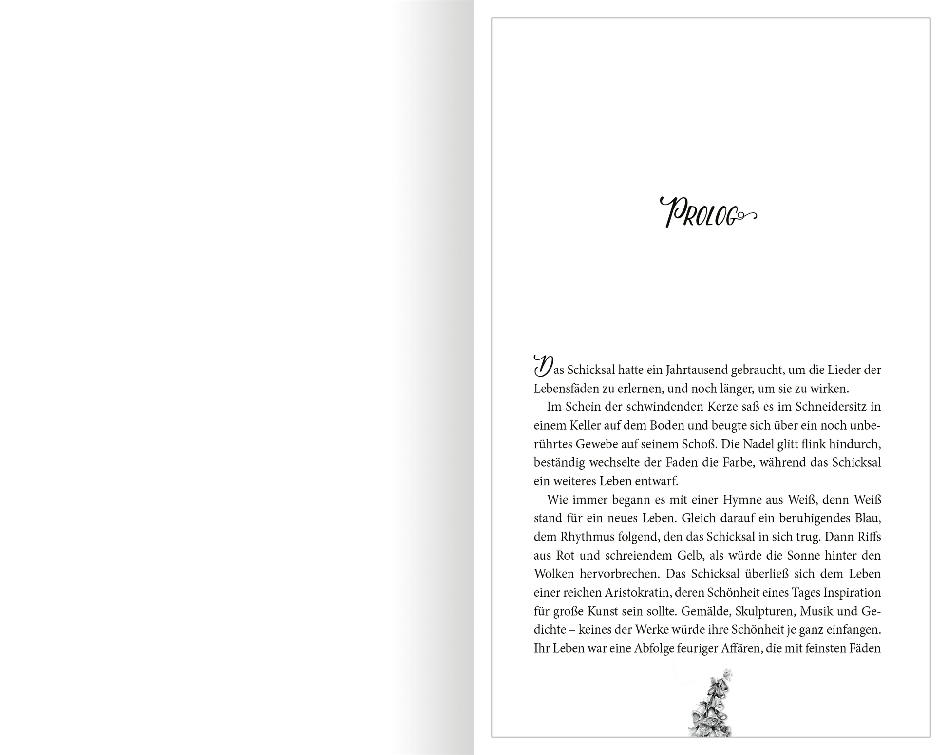 Gezeigt wird eine Innen- oder Zusatzansicht von „Foxglove – Das Begehren des Todes“. Die Seite präsentiert den Prolog in einer eleganten, verschnörkelten Schriftart. Der Text ist in einem klaren Schwarz auf hellem Hintergrund gesetzt. Am unteren Rand befindet sich eine zarte, illustrative Darstellung, die der Gestaltung einen künstlerischen Akzent verleiht.