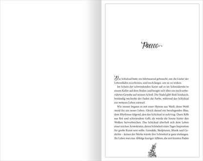 Gezeigt wird eine Innen- oder Zusatzansicht von „Foxglove – Das Begehren des Todes“. Die Seite präsentiert den Prolog in einer eleganten, verschnörkelten Schriftart. Der Text ist in einem klaren Schwarz auf hellem Hintergrund gesetzt. Am unteren Rand befindet sich eine zarte, illustrative Darstellung, die der Gestaltung einen künstlerischen Akzent verleiht.