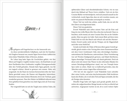 Gezeigt wird eine Innen- oder Zusatzansicht von „Foxglove – Das Begehren des Todes“. Die linke Seite zeigt einen aufwendig gestalteten Kapitelanfang mit verschnörkelter Schrift in Schwarz und einer floralen Illustration. Der Text ist in einer gut lesbaren Serifenschrift in dunkler Farbe gehalten, auf hellem Grund, was den Kontrast erhöht. Die rechte Seite enthält fortlaufenden Text in klarer Schrift. Die Seiten sind schlicht gehalten, was die Lesbarkeit fördert.