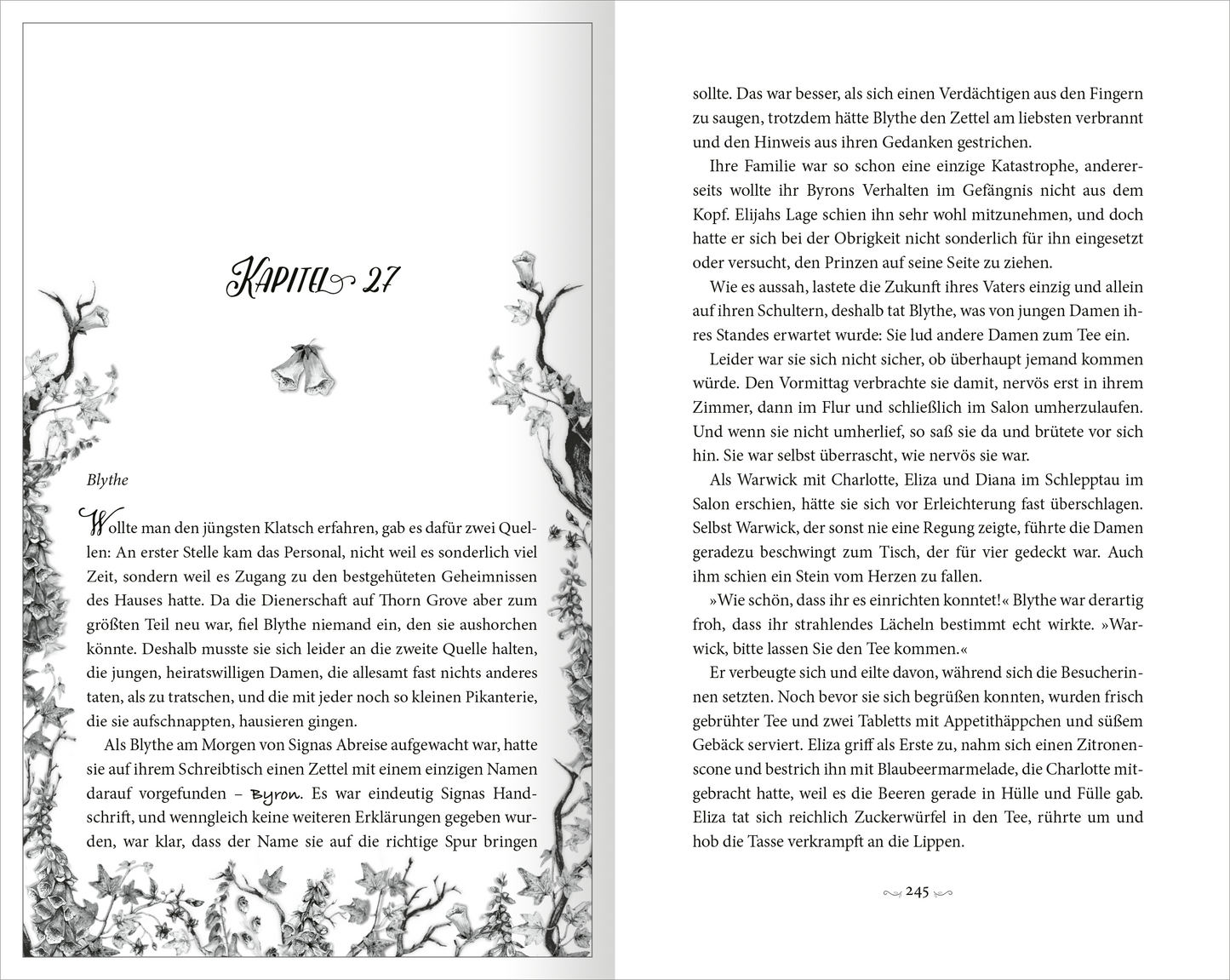 Gezeigt wird eine Innen- oder Zusatzansicht von „Foxglove – Das Begehren des Todes“. Die Seite zeigt das Kapitel 27 mit elegant gestalteter Überschrift in verschnörkelter Schrift. Der Text ist gut lesbar auf weißem Hintergrund. Links neben dem Text befindet sich eine feine, detailreiche Illustration von Pflanzen, die das Seitenlayout harmonisch ergänzt.