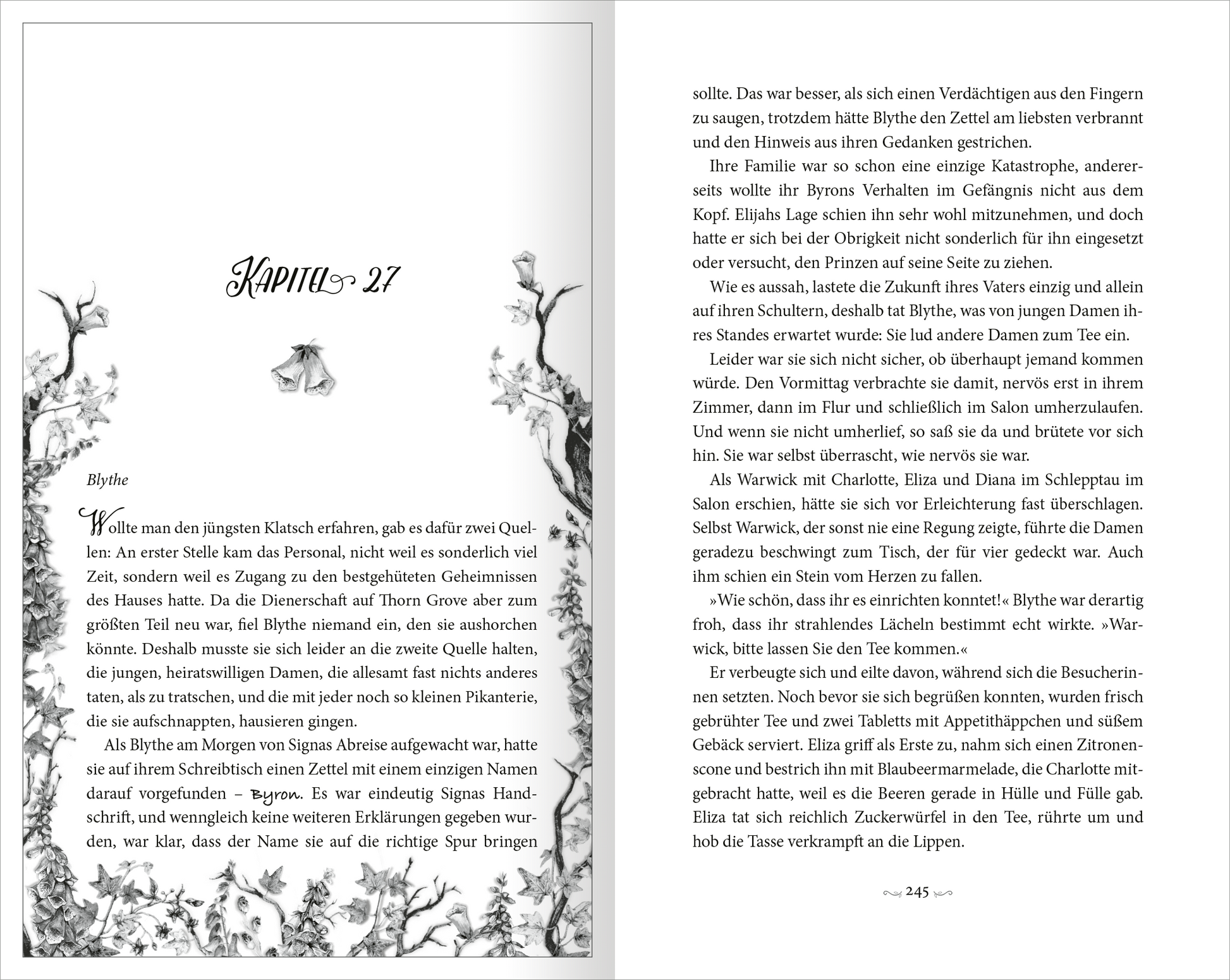 Gezeigt wird eine Innen- oder Zusatzansicht von „Foxglove – Das Begehren des Todes“. Die Seite zeigt das Kapitel 27 mit elegant gestalteter Überschrift in verschnörkelter Schrift. Der Text ist gut lesbar auf weißem Hintergrund. Links neben dem Text befindet sich eine feine, detailreiche Illustration von Pflanzen, die das Seitenlayout harmonisch ergänzt.
