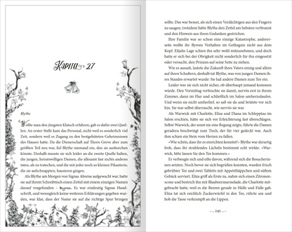Gezeigt wird eine Innen- oder Zusatzansicht von „Foxglove – Das Begehren des Todes“. Die Seite zeigt das Kapitel 27 mit elegant gestalteter Überschrift in verschnörkelter Schrift. Der Text ist gut lesbar auf weißem Hintergrund. Links neben dem Text befindet sich eine feine, detailreiche Illustration von Pflanzen, die das Seitenlayout harmonisch ergänzt.