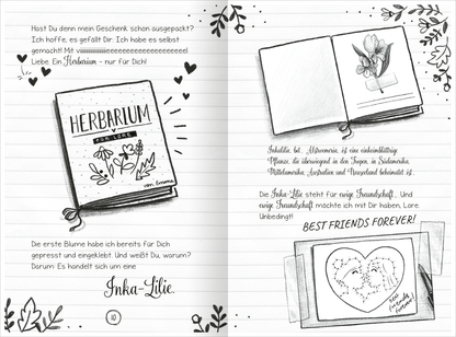 Gezeigt wird eine Innen- oder Zusatzansicht von „PS: Du bist immer für mich da!“. Auf der linken Seite befindet sich ein gezeichnetes Buchcover mit dem Titel „HERBARIUM für LORE“ in verspielter Schrift. Daneben sind florale Elemente und Herzen skizziert. Die rechte Seite zeigt eine geöffnete Buchseite mit einer skizzierten Blume, ergänzt durch handschriftliche Notizen und den Text „BEST FRIENDS FOREVER!“. Die gesamte Gestaltung ist in schwarz-weiß gehalten, mit kreativen,...