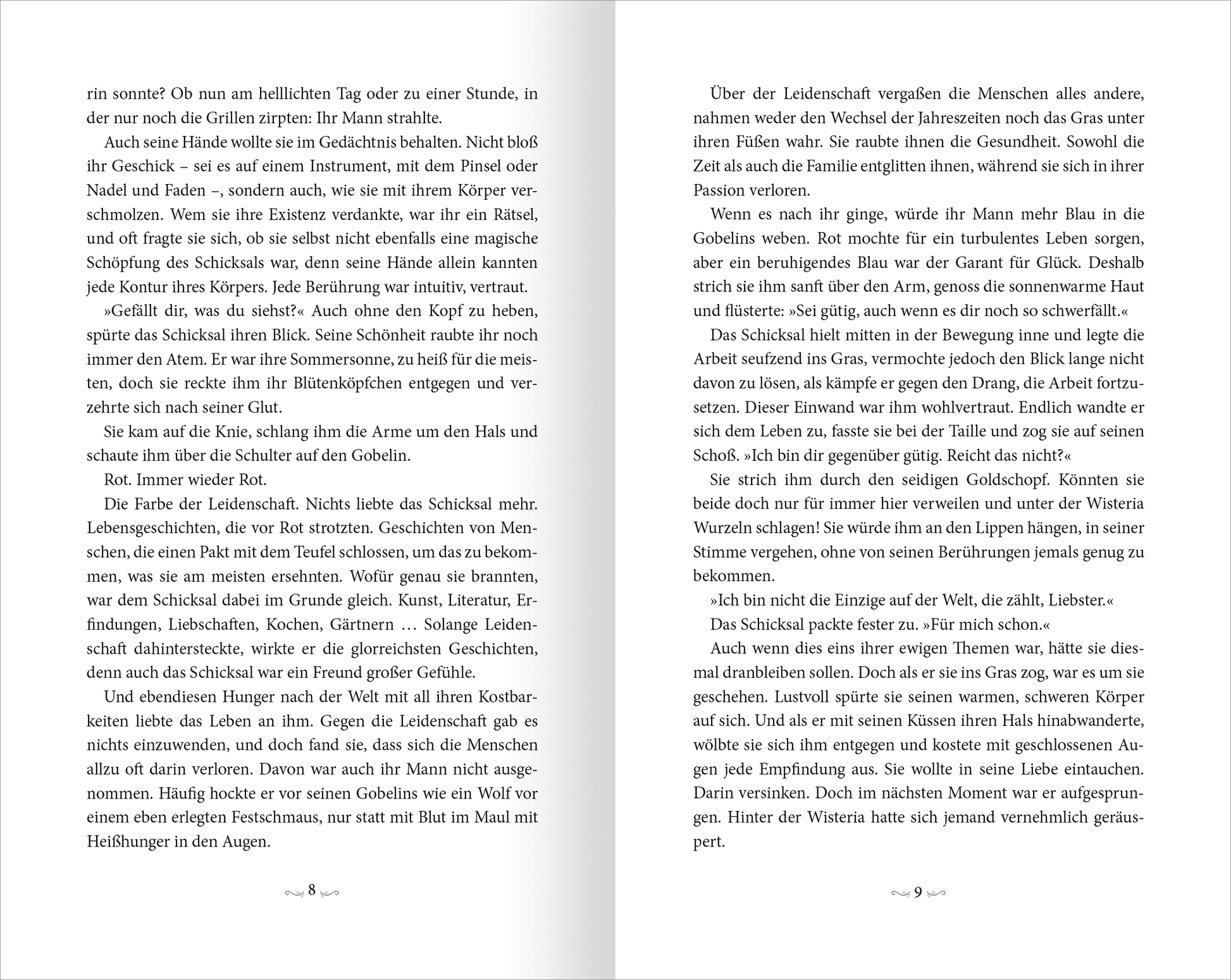 Gezeigt wird eine Innen- oder Zusatzansicht von „Wisteria – Die Liebe des Todes“. Die Seiten sind in einem klaren, gut lesbaren Layout gestaltet, mit einem freundlichen Farbton für den Hintergrund. Die Schrift ist in einem eleganten, gut kontrastierenden Stil, der die Lesbarkeit unterstützt. Es gibt großzügige Margen auf beiden Seiten, die den Text auflockern und ein angenehmes Leseerlebnis fördern. Die Zeilenabstände sind großzügig, was die Orientierung erleichtert.