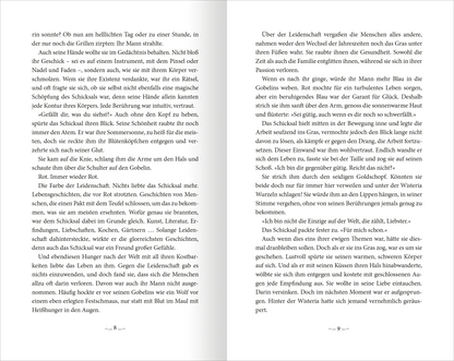 Gezeigt wird eine Innen- oder Zusatzansicht von „Wisteria – Die Liebe des Todes“. Die Seiten sind in einem klaren, gut lesbaren Layout gestaltet, mit einem freundlichen Farbton für den Hintergrund. Die Schrift ist in einem eleganten, gut kontrastierenden Stil, der die Lesbarkeit unterstützt. Es gibt großzügige Margen auf beiden Seiten, die den Text auflockern und ein angenehmes Leseerlebnis fördern. Die Zeilenabstände sind großzügig, was die Orientierung erleichtert.