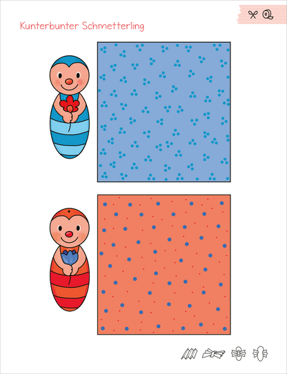 Gezeigt wird eine Innen- oder Zusatzansicht von „Mein erstes großes Ferien-Bastelheft“. Die Seite zeigt zwei farbenfrohe Illustrationen von Schmetterlingen. Oben ist ein blauer Schmetterling mit einer roten Blume, umgeben von einem punktierten blauen Hintergrund. Darunter befindet sich ein roter Schmetterling mit einer blauen Blume, vor einem orangefarbenen Hintergrund mit blauen Punkten. Die freundliche, kindgerechte Typografie und die lebendigen Farben fördern Kreativität und Freude am...
