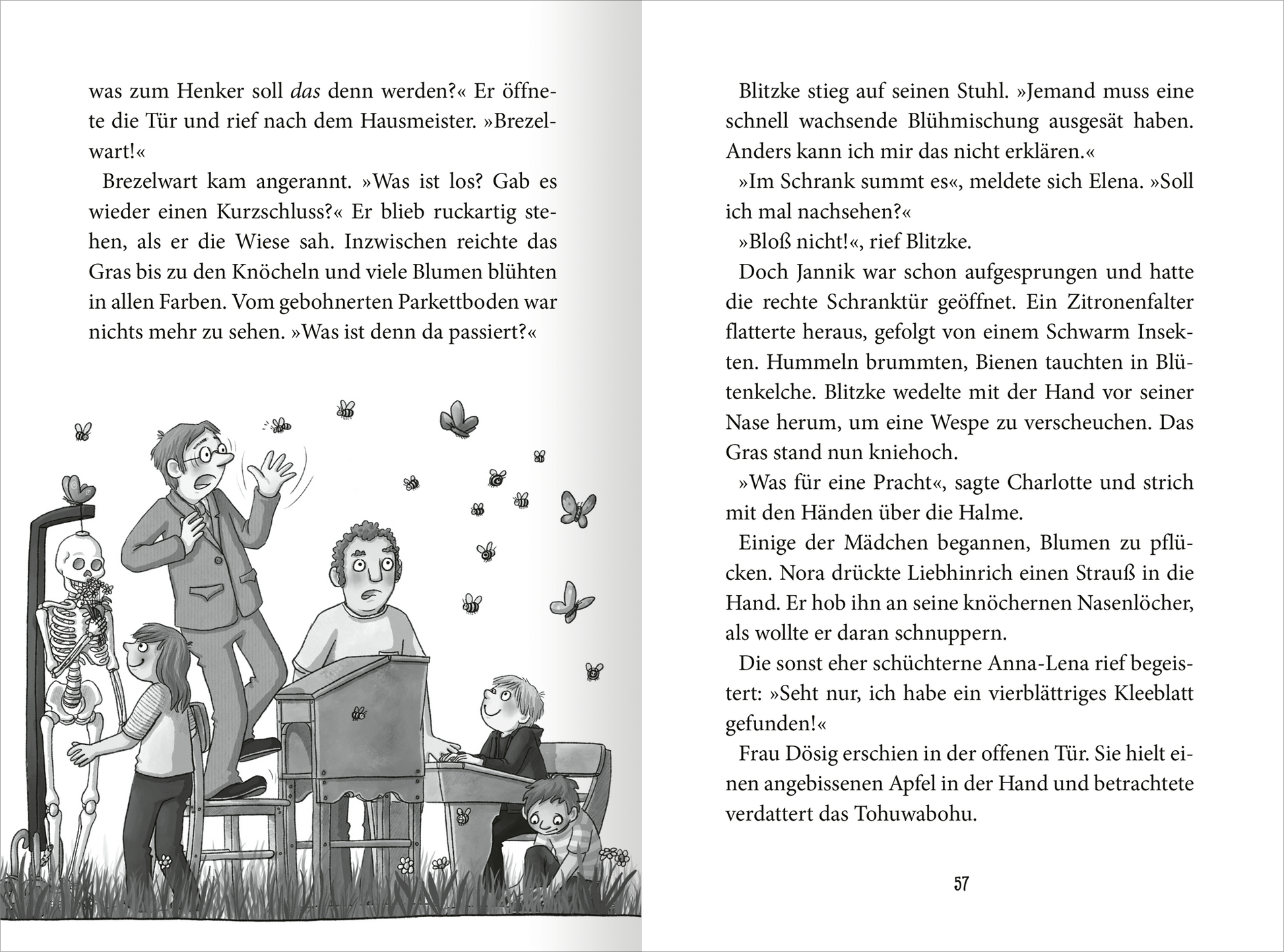 Gezeigt wird eine Innen- oder Zusatzansicht von „Ein Schuljahr voller Zauberei – Schulfest statt Mathetest“. Die Szene zeigt einen hellen, humorvoll gestalteten Klassenraum mit mehreren Figuren:  Darunter eine Person mit Brille, die auf einem Stuhl steht, umgeben von Schmetterlingen und Blumen. Der Text ist in klarer typografischer Schrift gehalten und unterstützt die fantasievolle Stimmung der Geschichte.